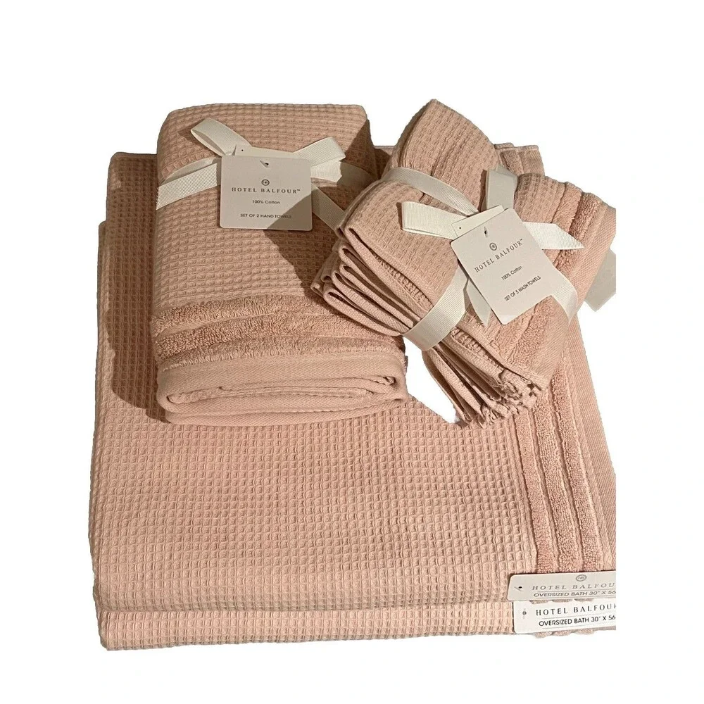 Hotel Balfour Bath Towel Set Pink Waffle Wave Textured Cotton 9 Piece Set NEW